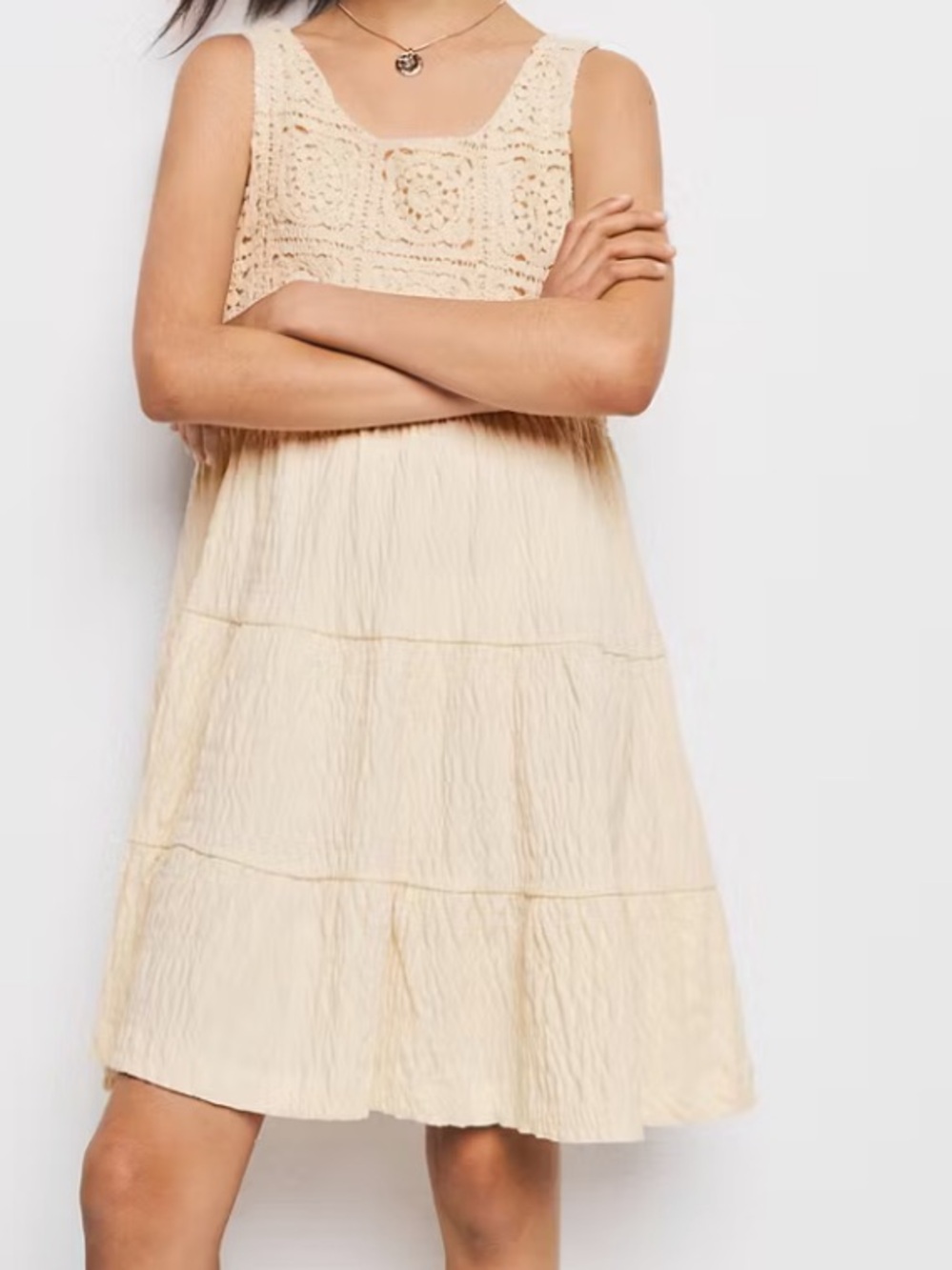 Mango girl Cream Crochet Scoop-Neck Kids Dress EMBROIDERED TEXTURED DRESS 6361